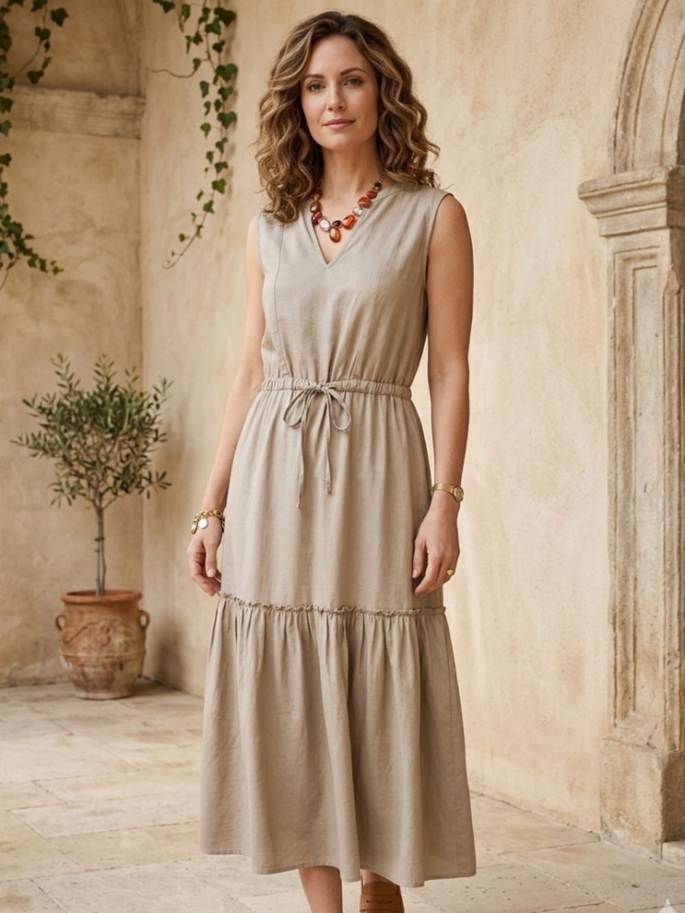 Lands' End Women's Maxi Tiered Midi Dress Sleeveless Khaki Boho Minimalist